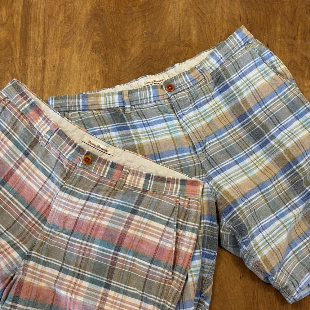 Tommy Bahama Plaid Linen‎ Shorts Lot 2 Mens Size 35 Summer Casual Beach Preppy